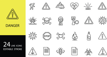 Danger warning line icons set, hazard alert symbols, safety risk illustrations, toxic biohazard signs, emergency caution outline graphics for signage