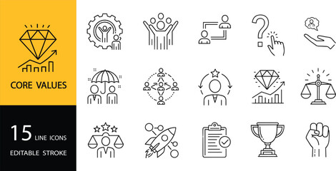 Core values line icons set, business ethics symbols, leadership and teamwork illustrations, achievement growth graphics, professional principles outline elements for branding