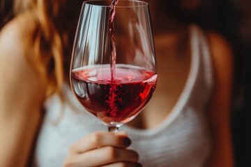 A woman wearing a white tank top is holding a glass of red wine in her hand. The background is a blurred image of a cityscape at night, with buildings and lights visible.