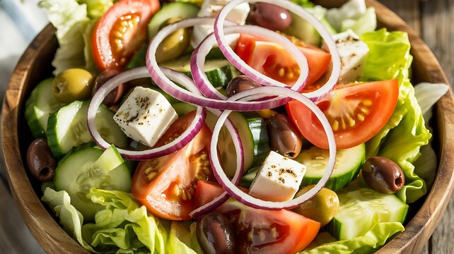 Greek Salad Close-Up – Fresh Feta, Olives, Tomatoes, and Cucumbers in Rustic Wooden Bowl