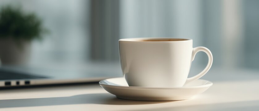 Coffee cup branding mockup beside laptop, natural light aesthetic