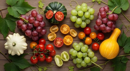 Colorful assortment of fresh fruits and vegetables on wooden surface.
