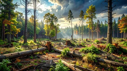 Sunlight piercing through a forest with fallen trees and new growth on the ground.