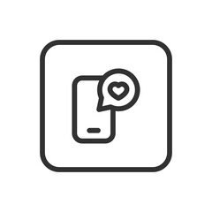 Romance, Wedding Chat line icon &ndash; heart-shaped speech bubble on mobile outline for love messages, couple app, romantic mobile UI
