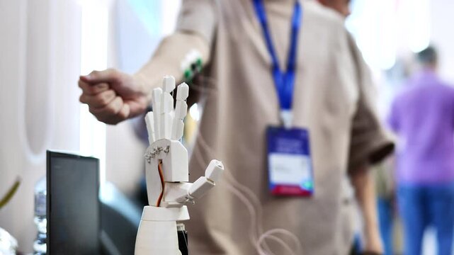 A person controls an artificial robotic arm via wires on their hand.