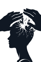 Silhouette of a woman with hands pressing on her head, symbolizing mental pressure, manipulation, and emotional trauma. Conceptual illustration of stress and psychological control.