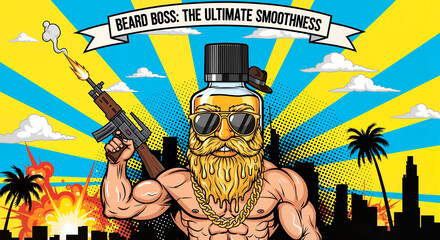 Cartoonish warlike elderly man with a grey beard holding a machine gun in a busy city, comic-like caricature