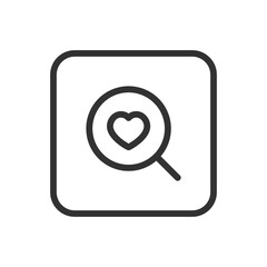 Romance, Wedding Heart Search line icon – magnifying glass with heart outline for love search, romantic matching, couple discovery UI