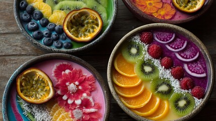Bowls filled with colorful fruit slices and vibrant toppings arranged on a wooden table