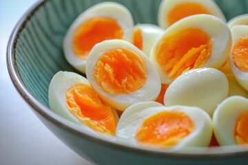 A bowl of boiled eggs with a vibrant orange yolk and a white center, set against a simple blue and white striped bowl.