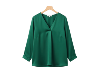 Isolated elegant long-sleeve green blouse with V-neck on hanger; professional fashion garment