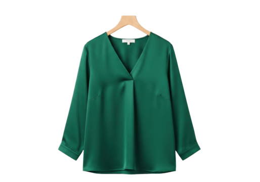 Isolated elegant long-sleeve green blouse with V-neck on hanger; professional fashion garment