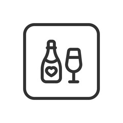 Romance, Wedding Champagne line icon – champagne flute with heart or bubbles outline for celebration, toast, romantic moment UI