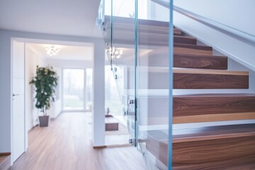 A modern, minimalist home with a sleek glass staircase and wooden floors, featuring a large window that lets in plenty of natural light, a chandelier, and a comfortable seating area.