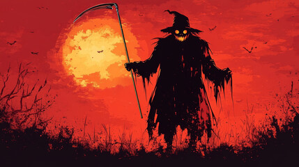 Spooky Halloween Silhouette: Dark Figure with a Deadly Scythe