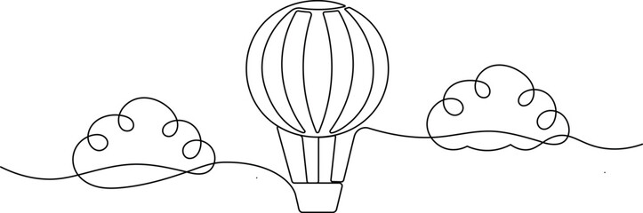 One line art hot air balloon - Minimalist continuous line drawing of balloon floating with clouds
