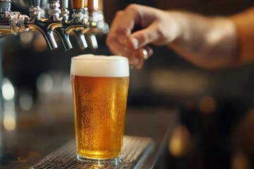 A person pouring a beer from a tap into a glass.