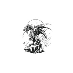 vector illustration of a ferocious winged dragon perched atop a jagged rock formation, roaring and breathing fire