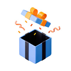 Blue gift box with orange ribbon and flying confetti clipart celebrating joyful moment with vibrant colors and festive design