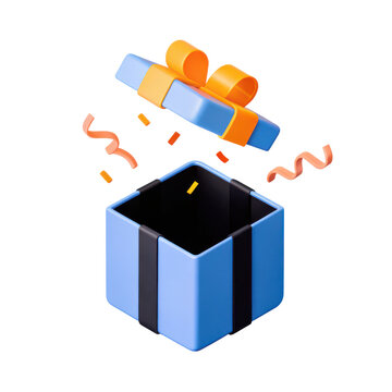Blue gift box with orange ribbon and flying confetti clipart celebrating joyful moment with vibrant colors and festive design