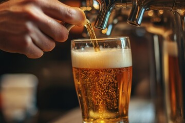 A person pouring a frothy beer from a tap into a glass, with a blurred background of a bar or restaurant setting.