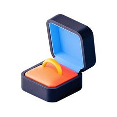 Open ring box with bright yellow ring inside, featuring blue interior and dark exterior, symbolizing proposal joy