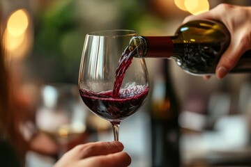 A vibrant red wine is poured into a clear glass, revealing the rich, full-bodied flavor of the wine as it swirls and cascades down the stem.