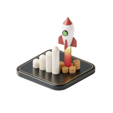 Startup rocket with charts clipart business growth concept showing increasing bar graph and coins