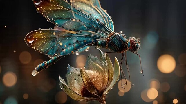 Detailed close-up of a dragonfly with water droplets perched on a flower, bokeh background.