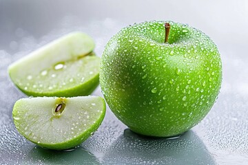 A vibrant green apple with a shiny, dew-kissed surface, nestled among a backdrop of cool, gray tiles.