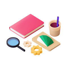 Book magnifying glass gears paper fan cup with spoon colorful objects study tools learning concept education items research