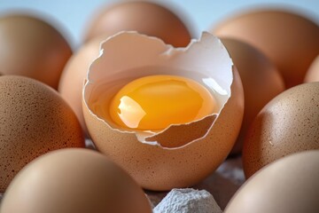 A close-up of a single brown egg in a carton, with a cracked shell revealing the yolk.