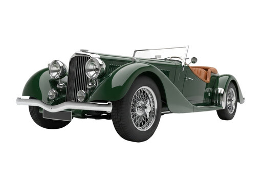 Isolated green British car classic style, convertible vehicle from the 1930s in studio shot