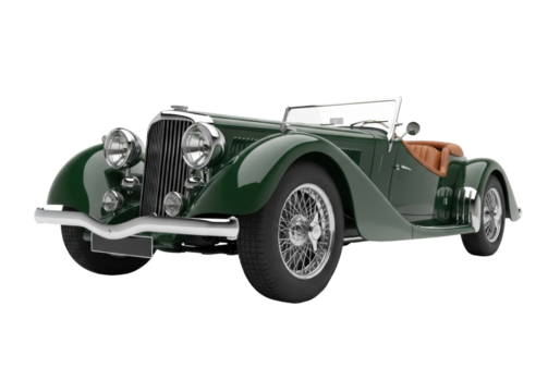 Isolated green British car classic style, convertible vehicle from the 1930s in studio shot