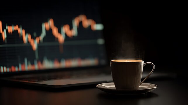 Coffee with Laptop Showing Stock Market Chart – Moody Close-Up of Late-Night Trading Workspace