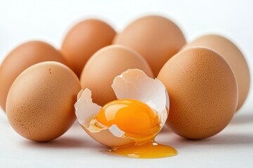 A group of brown eggs arranged in a circular pattern on a white surface.