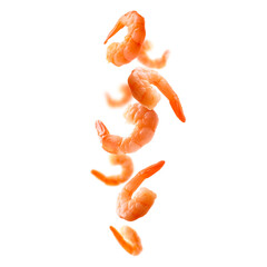 Boiled prawns levitate on a white background