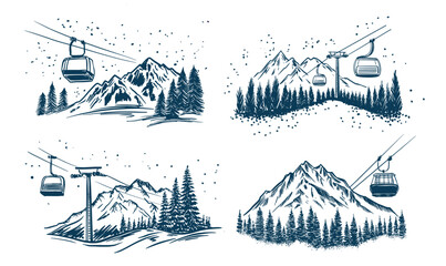 Ski lift in mountain sketch illustrations.	
