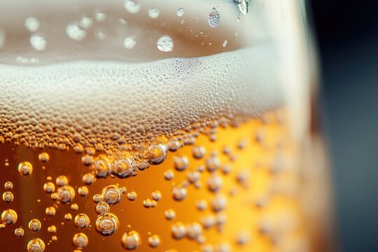 A close-up shot of a glass of beer with a frothy head and bubbles rising to the top.