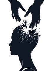 A surreal illustration showing hands manipulating a woman’s mind, symbolizing emotional control, trauma, and psychological influence. Powerful concept of mental vulnerability.