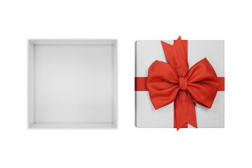 Obraz premium Open christmas gift box with red bow isolated on white background top view. New year holiday present with tie ribbon on transparent backdrop top view.