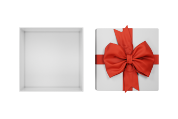 Open christmas gift box with red bow isolated on white background top view. New year holiday present with tie ribbon on transparent backdrop top view.
