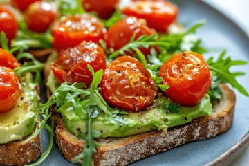A plate of avocado toast topped with cherry tomatoes, arugula, and a drizzle of olive oil. The toast is served on a blue plate with a white background.