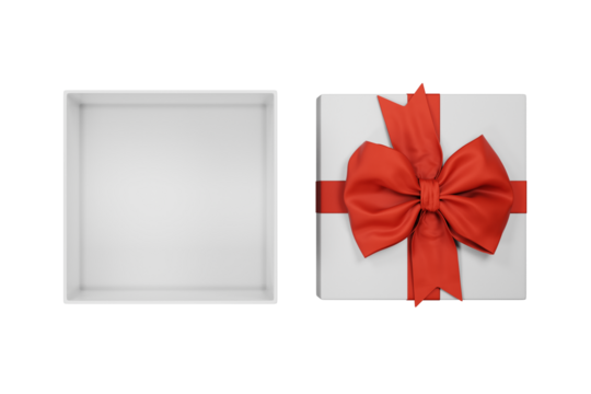 Open christmas gift box with red bow isolated on white background top view. New year holiday present with tie ribbon on transparent backdrop top view.