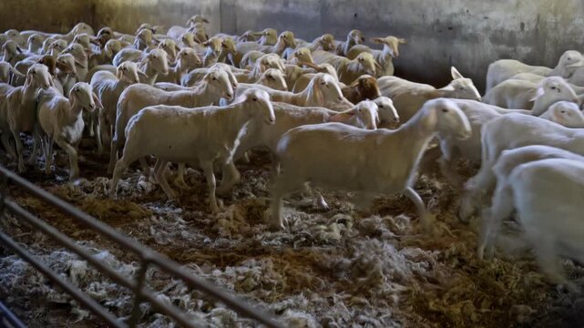 sheeps and lambs  standing in barn of farm for milk production and breeding and sale , real  video footage