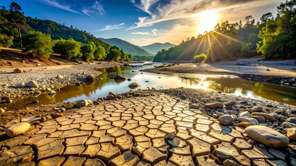 A striking view of a dried riverbed with cracked earth in the foreground, a small stream, and lush green hills under a bright, warm sun.