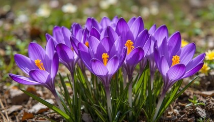 A bunch of purple Crocus flowers is blooming