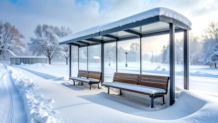 A snow-covered bus stop with two benches under a shelter on a bright winter day, surrounded by snowy trees and a clear path.