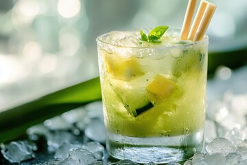 A refreshing summer drink served in a tall glass filled with ice cubes, garnished with a sprig of mint and a straw.