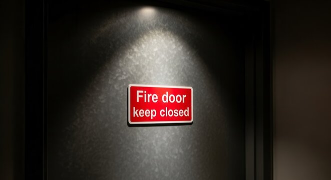Fire Door Sign Indicating Safety Measures And Emergency Procedures In Buildings